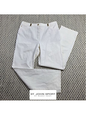 St John Sport Marie Gray White Straight Leg Pants Women’s 6 Stretch Cotton